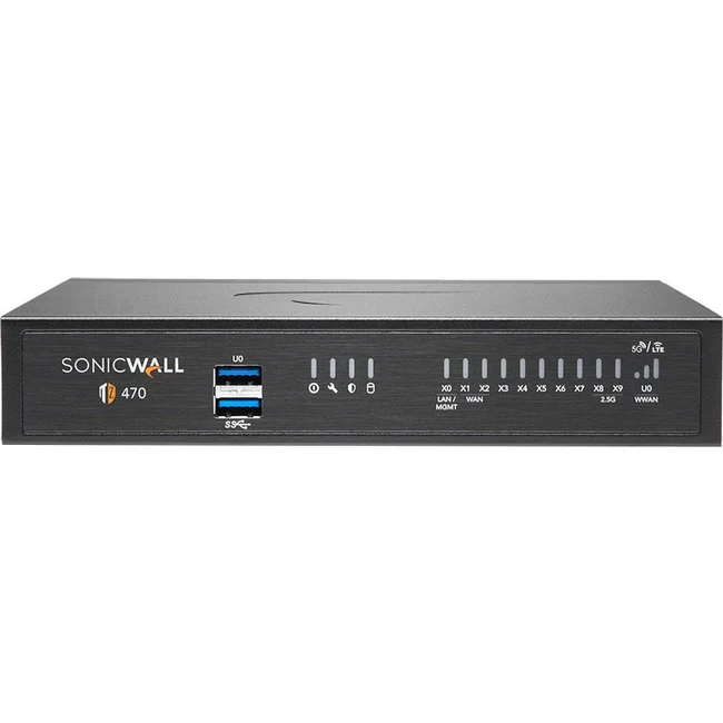 SonicWall TZ470 Network Security/Firewall Appliance - Intrusion Prevention - 8 Port - 1000Base-T - 2.5 Gigabit Ethernet - 640 MB/s Firewall Throughput - AES (192-bit), DES, MD5, AES (256-bit), 3DES, AES (128-bit), SHA-1 - 8 x RJ-45 - 2 Total Expansion Slo