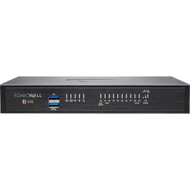 SonicWall TZ570W Network Security/Firewall Appliance - 8 Port - 10/100/1000Base-T - 5 Gigabit Ethernet - Wireless LAN IEEE 802.11ac - DES, 3DES, MD5, SHA-1, AES (128-bit), AES (192-bit), AES (256-bit) - 8 x RJ-45 - 2 Total Expansion Slots - 1 Year 8x5 Sup