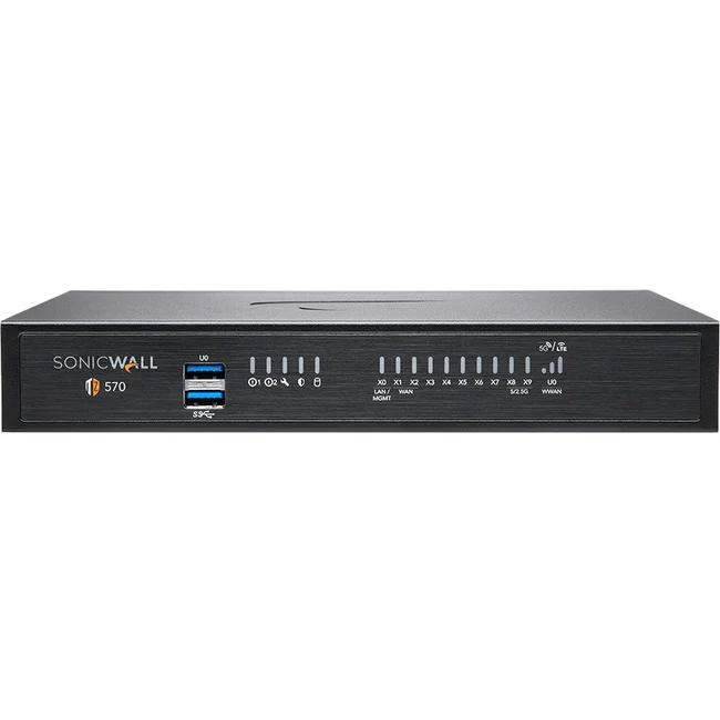 SonicWall TZ570W Network Security/Firewall Appliance - 8 Port - 10/100/1000Base-T - 5 Gigabit Ethernet - Wireless LAN IEEE 802.11ac - DES, 3DES, MD5, SHA-1, AES (128-bit), AES (192-bit), AES (256-bit), WEP, WPA, WPA2, TKIP - 8 x RJ-45 - 2 Total Expansion