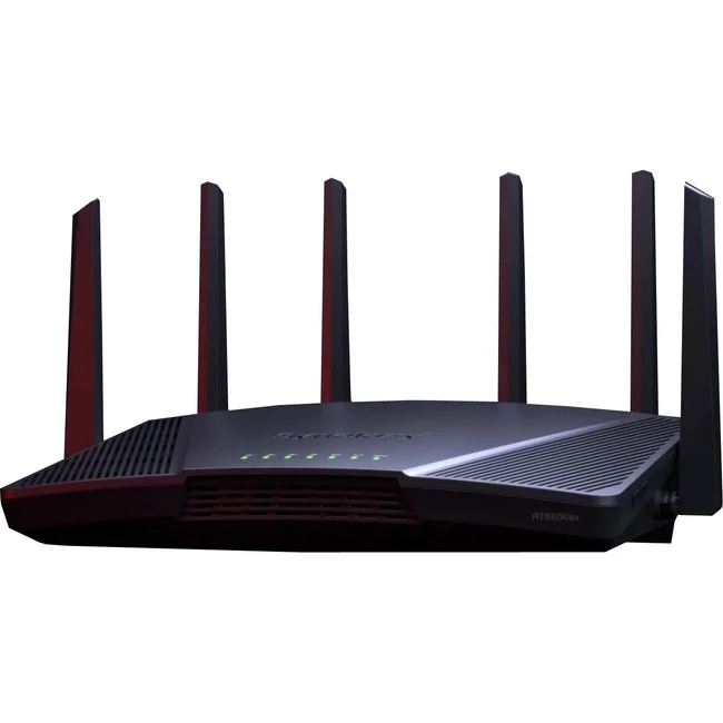 Synology RT6600ax Wi-Fi 6 IEEE 802.11ax Ethernet Wireless Router - Tri Band - 2.40 GHz ISM Band - 5 GHz UNII Band - 6 x Antenna - 825 MB/s Wireless Speed - 3 x Network Port - 2 x Broadband Port - USB - Gigabit Ethernet - VPN Supported - Desktop