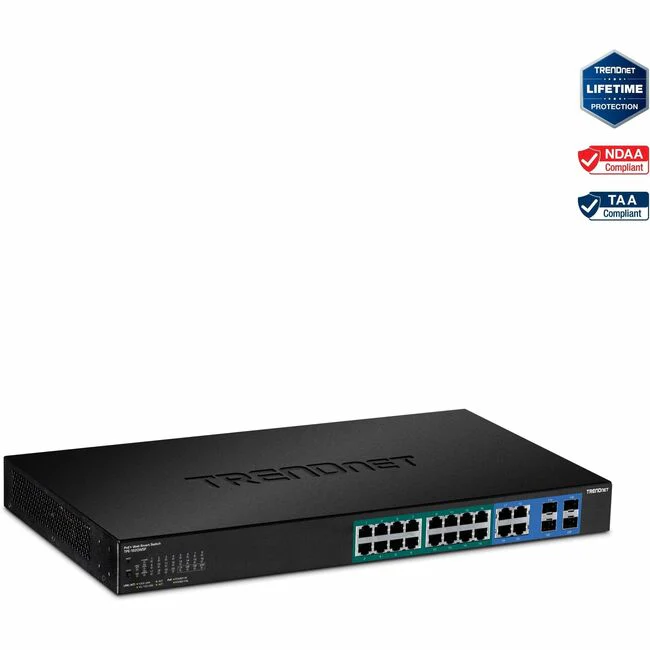 TRENDnet 20-Port Gigabit Web Smart 370W PoE+ Switch; TPE-1620WSF; 16 Gigabit PoE+ Ports; 4 Shared Gigabit Ports(RJ-45 or SFP); 370W PoE Budget;Managed PoE+ Ethernet Network Switch; Lifetime Protection - TRENDnet 20-port Gigabit Web Smart POE+ Switch