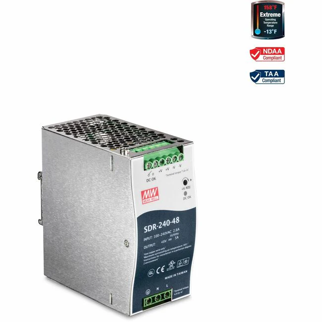 TRENDnet 240W Single Output Industrial DIN-Rail Power Supply, Extreme Operating Temp Range -25 to 70 &deg;C(-13 to 158 &deg;F) Built-in Active PFC, Passive Cooling, DIN-Rail Mount, Silver, TI-S24048 - DIN Rail 48V 240W Power Supply for TI-PG80