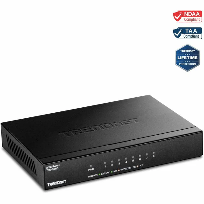 TRENDnet 8-Port Unmanaged 2.5G Switch, 8 x 2.5GBASE-T Ports, 40Gbps Switching Capacity, Backwards Compatible with 1000Mbps Devices, Fanless, Wall Mountable, Black, TEG-S380 - 8 Ports - 2.5 Gigabit Ethernet - 2.5GBase-T - TAA Compliant - 2 Layer Supported