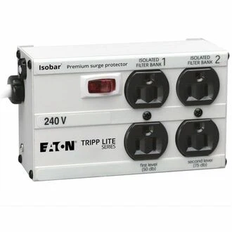 Tripp Lite by Eaton Isobar 4-Outlet 230V Surge Protector, 6 ft. (1.83 m) Cord with Right-Angle Plug, 330 Joules, Metal Housing - Receptacles: 4 x NEMA 5-15R - 330J
