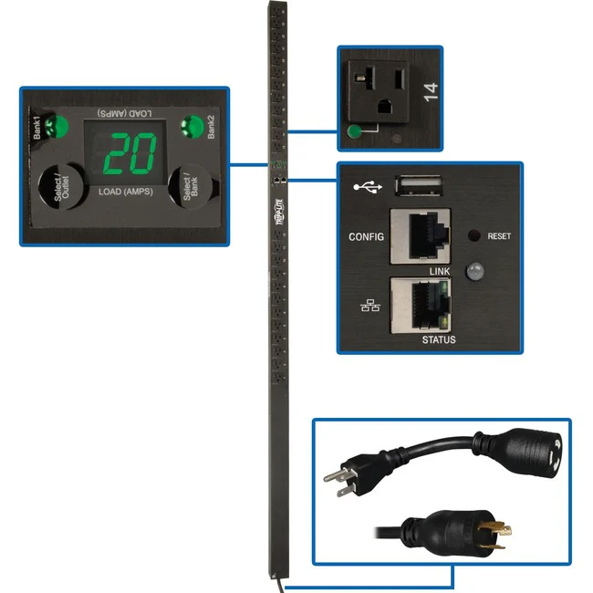 Tripp Lite by Eaton PDU 1.9kW Single-Phase Switched PDU LX Platform Outlet Monitoring 120V Outlets (24 NEMA 5-15/20R) L5-20P Plug 0U TAA - Switched - NEMA 5-20P, NEMA L5-20P - 24 x NEMA 5-15/20R - 120 V AC - 0U - Vertical - Rack Mount - Rack-mountable - T