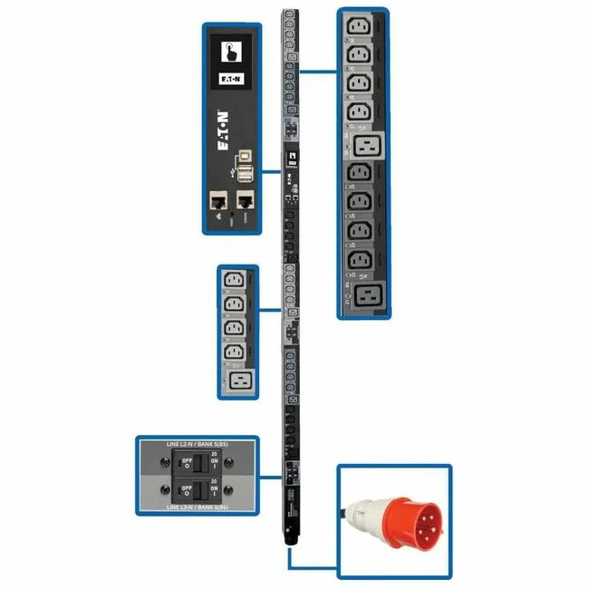 Tripp Lite by Eaton PDU 23kW 220-240V 3PH Switched PDU - LX Interface Gigabit 30 Outlets IEC 309 32A Red 380-415V Input LCD 1.8 m Cord 0U 1.8 m Height TAA - Switched - IEC 60309 32A Red 3P+N+E - 6 x IEC 60320 C19, 24 x IEC 60320 C13 - 380 V AC, 400 V AC -