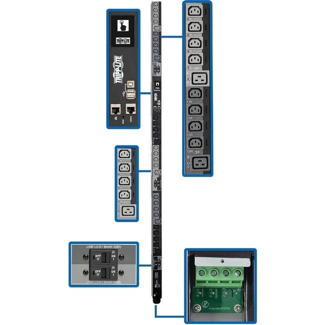 Tripp Lite by Eaton PDU 28.8kW 220-240V 3PH Switched PDU - LX Interface Gigabit 30 Outlets Hardwire 380-415V Input LCD 1.8 m Cord 0U 1.8 m Height TAA - Switched - Hardwired - 6 x IEC 60320 C19, 24 x IEC 60320 C13 - 380 V AC, 400 V AC, 415 V AC - 0U - Vert