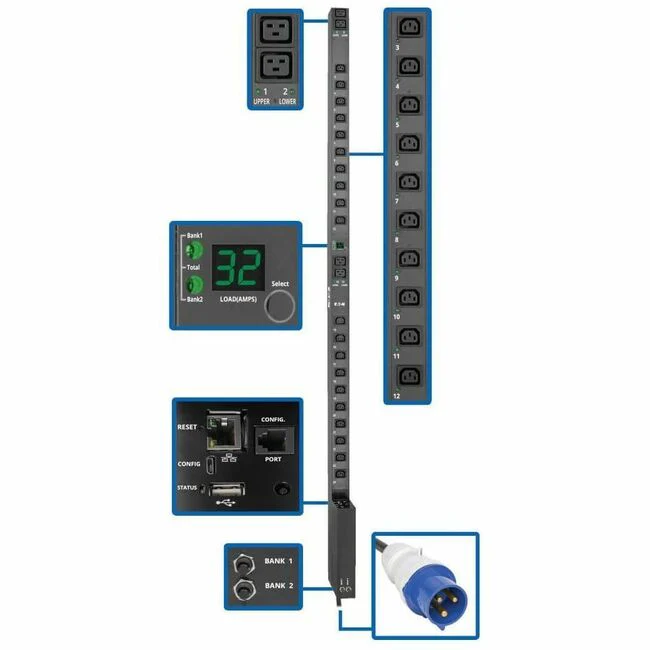 Tripp Lite by Eaton PDU 7.7kW Single-Phase Switched PDU with LX Platform Interface 230V Output IEC 309 32A Blue 10 ft. (3.05 m) Cord 0U TAA - Switched - 4 x IEC 60320 C19, 20 x IEC 60320 C13 - 230 V AC - Network (RJ-45) - 0U - Vertical - Rack Mount - Rack