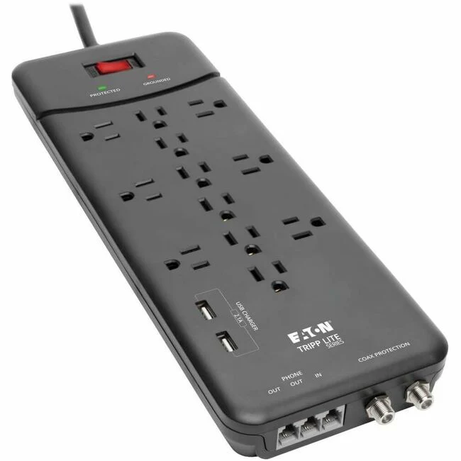 Tripp Lite by Eaton Protect It! 12-Outlet Surge Protector 8 ft. (2.43 m) Cord 4320 Joules Tel/Modem/Coax Protection 2 USB Ports Black - 12 x NEMA 5-15R, 2 x USB - 1800 VA - 4320 J - 120 V AC Input - Phone/Fax/Modem/DSL, Coaxial Cable Line