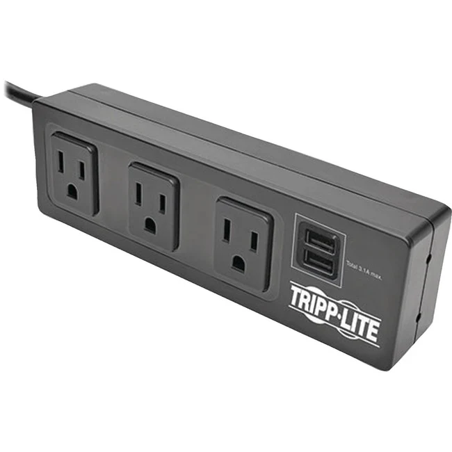 Tripp Lite by Eaton Protect It! 3-Outlet Surge Protector with Desk Clamp 10 ft. Cord 510 Joules 2 USB Charging Ports Black Housing - 3 x NEMA 5-15R, 2 x USB - 510 J - 120 V AC Input - 120 V AC, 5 V DC Output