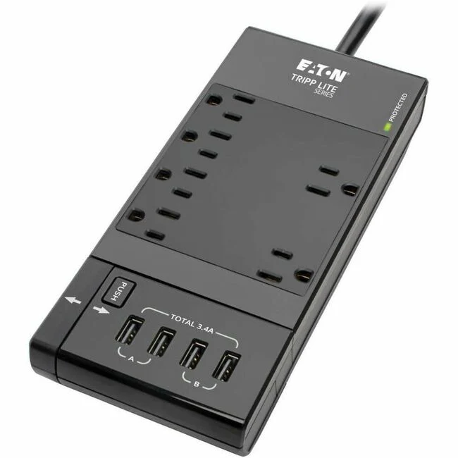 Tripp Lite by Eaton Safe-IT 6-Outlet Surge Protector Retractable USB Charger 5-15R Outlets 4 USB Charging Ports 8 ft. (2.4 m) Cord Antimicrobial Protection - 6 x NEMA 5-15R, 4 x USB - 1800 VA - 1080 J - 120 V AC Input