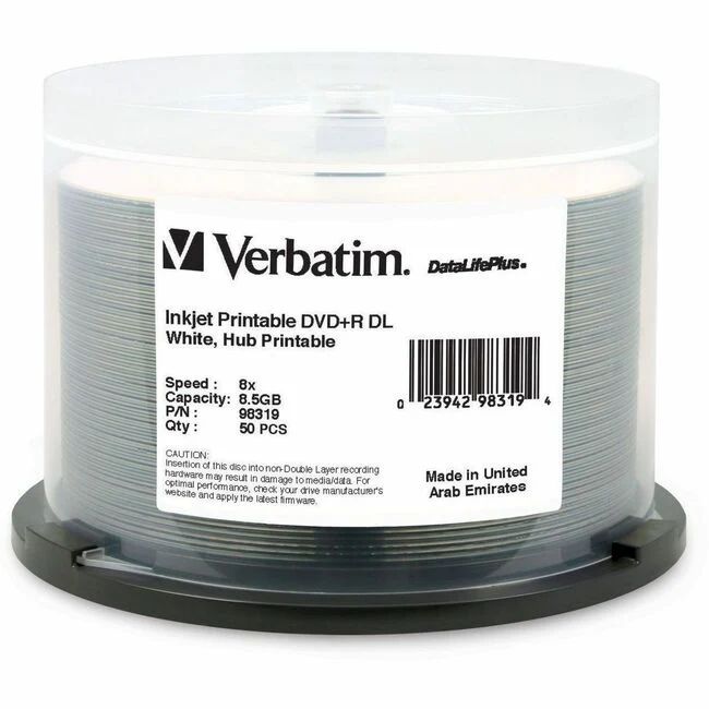 Verbatim DataLifePlus DVD Recordable Media - DVD+R DL - 8x - 8.50 GB - 50 Pack Spindle - 120mm - Double-layer Layers - Printable - Inkjet Printable