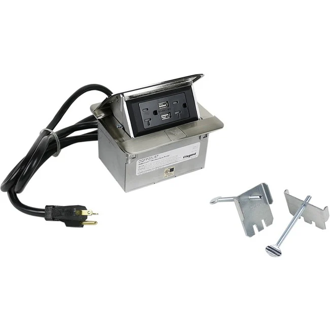 Wiremold Cord Ended deQuorum Single Flip Up Unit with USB - 20 A Rectangular Tabletop - TAA Compliant