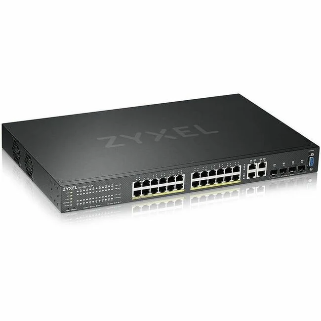 ZYXEL 24-port GbE L2 PoE Switch with GbE Uplink - 24 Ports - Manageable - 4 Layer Supported - Modular - 4 SFP Slots - 463.50 W Power Consumption - 375 W PoE Budget - Twisted Pair, Optical Fiber - PoE Ports - Rack-mountable - Lifetime Limited Warranty